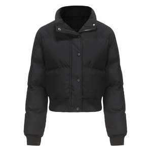 Close-up of black short puffer jacket with high stand collar and metal button detail