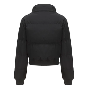 Back view of a black padded jacket featuring quilted fabric and ribbed elastic cuffs