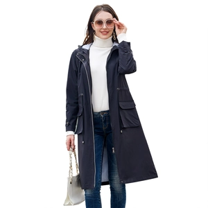 Women's long navy blue hooded trench coat with stripe lining and drawstring waist