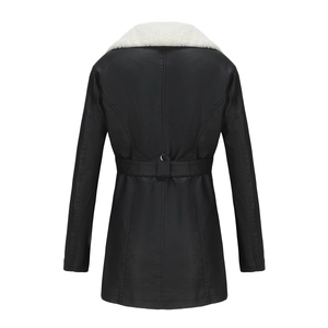 Back view of black PU leather jacket with contrast white faux fur collar and waist belt