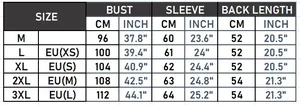 Size chart for winter cotton jacket with bust and sleeve measurements in CM and INCH