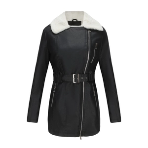 Detail of black faux leather motorcycle coat with white fleece collar and metal zipper