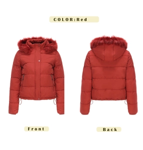 Front and back views of women's short red winter jacket with large faux fur hood