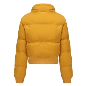 Back view of a cropped ginger yellow puffer jacket with warm high collar and ribbed cuffs