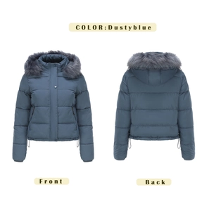Front and back views of dusty blue padded winter jacket with a faux fur hood trim