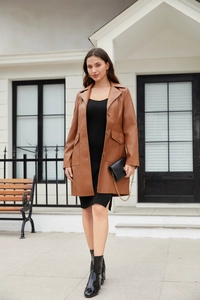 Close-up of brown leather trench coat with notched lapel and button detail