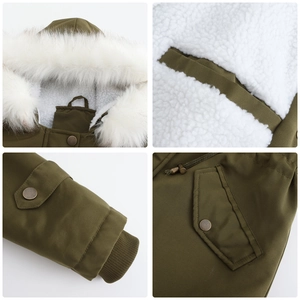 Detailed views of army green parka with white faux fur collar and fleece lining textures