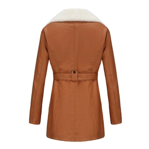 Back view of brown PU leather jacket featuring plush collar and belted waist detail