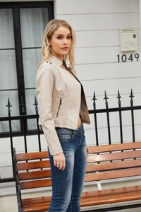 Detail of cream faux leather jacket showing metal zipper and quilted sleeve stitching
