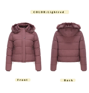 Front and back view of a light red quilted winter jacket with detachable faux fur hood