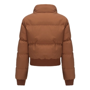 Detail view of brown puffer jacket showing high collar and ribbed cuffs on white background