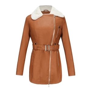 Detail of brown faux leather jacket with white faux fur collar and adjustable belt buckle