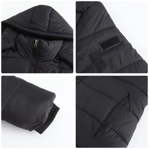 Detail view of water-resistant parka showing hood, velcro patch, ribbed cuffs and side pockets