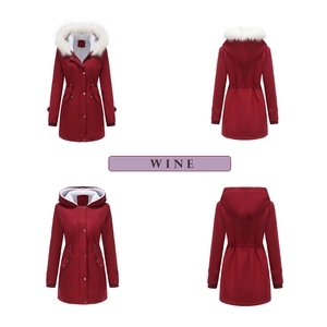 Detail view of wine red parka coat showing detachable faux fur collar and fleece lining