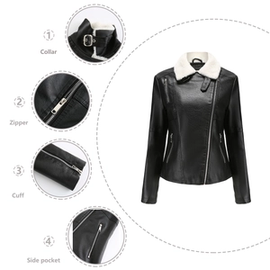 Veste motard noire pour femme en similicuir avec col en fourrure et fermetures éclair