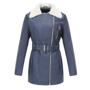 Women's blue faux leather jacket with plush white faux fur collar and adjustable belt