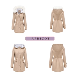 Detail view of apricot parka with detachable faux fur collar and drawstring waist