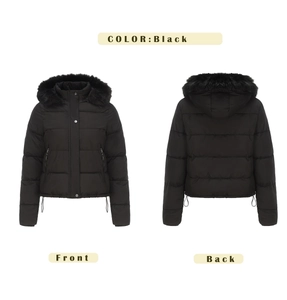 Front and back view of women's short black puffer jacket with large faux fur hood