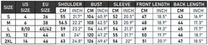 Size chart for women's loose casual jacket with detailed measurements in CM and INCH