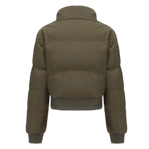 Rear view of deep olive green quilted short jacket with ribbed hem and stand collar