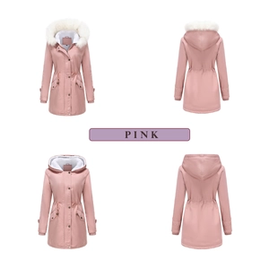 Pink women's hooded parka with detachable faux fur collar and drawstring waist detail