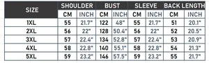Size chart for plus size women's faux leather jacket showing measurements 1XL to 5XL