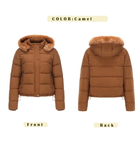 Front and back view of camel winter jacket featuring a plush faux fur detachable hood