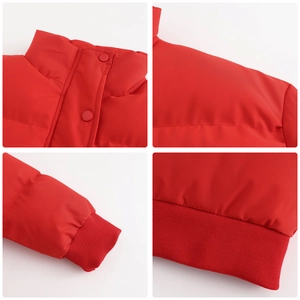 Detailed views of red padded jacket showing ribbed cuffs, neckline snaps, and stitching details