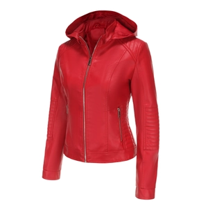 Detail of red faux leather jacket featuring side zipper pockets and quilted texture on waist