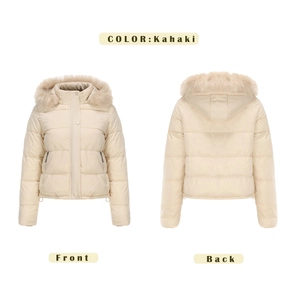 Front and back view of women's short padded jacket with faux fur hood and quilting in khaki