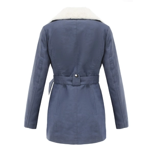 Back view of women's dark blue leather jacket featuring white faux fur collar and waist belt