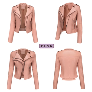 Collage of pink faux leather biker jacket showing front, side and back view details