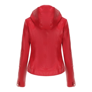 Back view of a red hooded faux leather jacket with tailored stitching and silver buttons