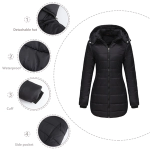 Women's black water-repellent parka with a detachable hood and windproof elastic cuffs