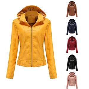 Women Hooded Faux Leather Jacket PU Fleece Lined Warm Winter Coat Slim Fit Zip Up Biker Jacket Outwear Casual Solid Color