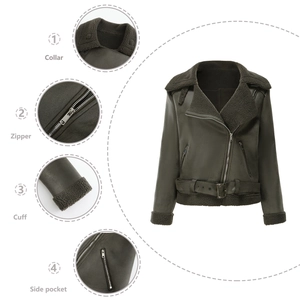 Λεπτομερής προβολή λαδί μπουφάν shearling με γιακά, φερμουάρ και ρυθμιζόμενη ζώνη