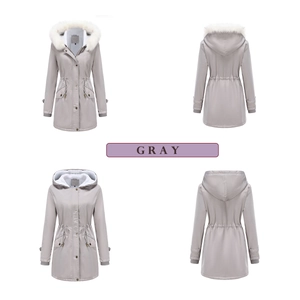 Detail view of gray hooded parka with removable faux fur collar and drawstring waist