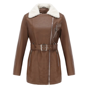 Detail of brown leather jacket featuring white faux fur collar and adjustable waist belt