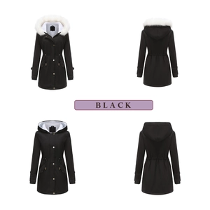 Detailed views of women's black parka showing detachable fur collar and waist drawstring