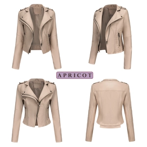 Detailed views of apricot faux leather biker jacket with rivets and stitch embossing
