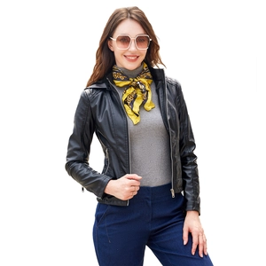 Women's slim fit black faux leather jacket with hood and zipper for autumn and winter