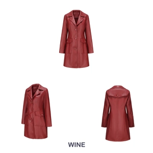 Detailed views of women's long wine red faux leather trench coat with flap pockets