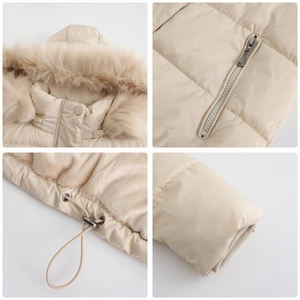 Detail view of winter padded jacket showing faux fur hood, zipper pocket and ribbed cuffs