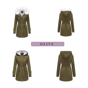 Detail of olive green winter parka showing faux fur collar and warm sherpa lining textures