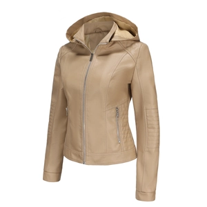 Detail of light khaki leather jacket showing quilted side panels and zipper pocket
