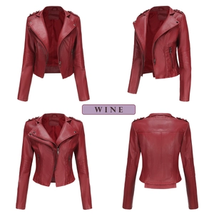 Detailed four-way view of a wine red slim fit faux leather jacket with metal zippers