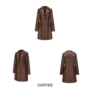 Three-view detail of a coffee PU leather trench coat with notched lapels and button closure