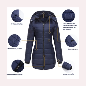 Detail view of waterproof padded coat showing detachable hood and windproof cuffs