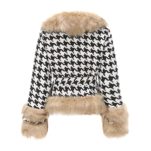 Back view of women's short houndstooth jacket featuring camel faux fur trim and cuffs