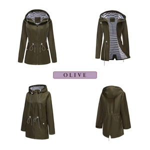 Detail of olive green hooded raincoat featuring adjustable drawstring and striped lining